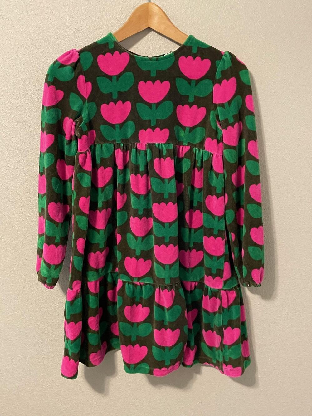 Mini Boden Dress Girls 11-12Y Brown Pink Floral Velour Tiered Swing Long Sleeve